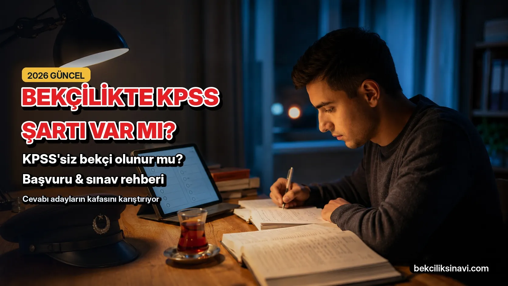 Bekçilikte KPSS şartı var mı? Gece masasında bekçilik sınavına çalışan genç aday ve yanında çarşı ve mahalle bekçisi kasketi — KPSS'siz bekçi olma rehberi